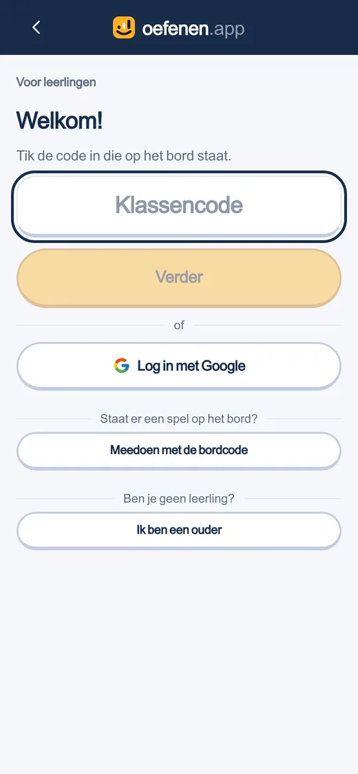 De leerlingdeur op een telefoon: het vak voor de klassencode, en Verder.