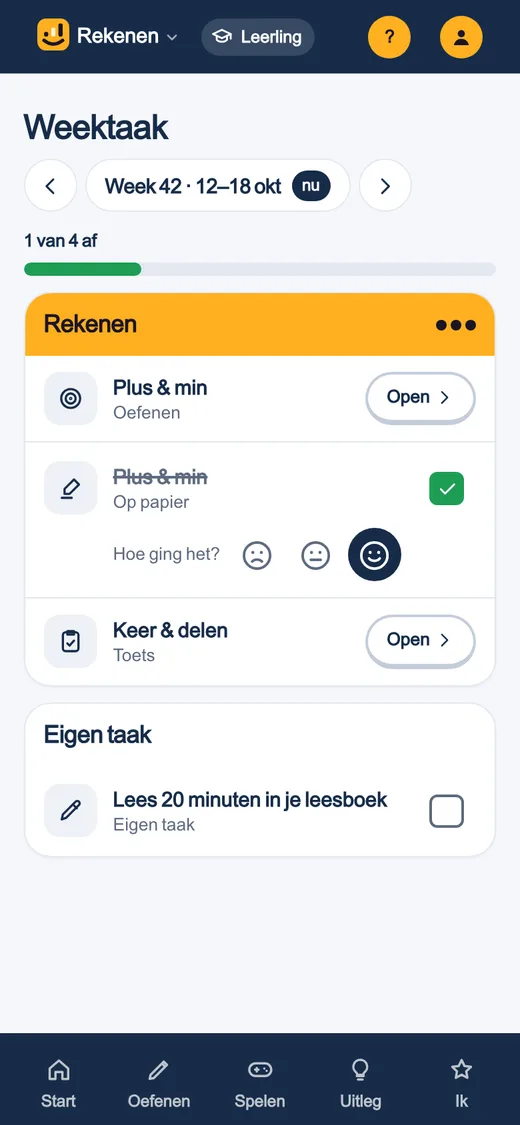 De weektaak op de telefoon van een leerling: per vak de taken, met Open, een vinkje en drie smileys.
